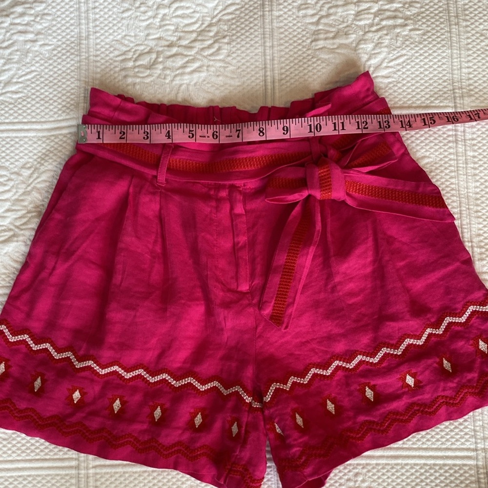 LOFT Linen Aztec High Waisted Belted Paper Bag Embroidered Shorts Pink Red White - Picture 8 of 13